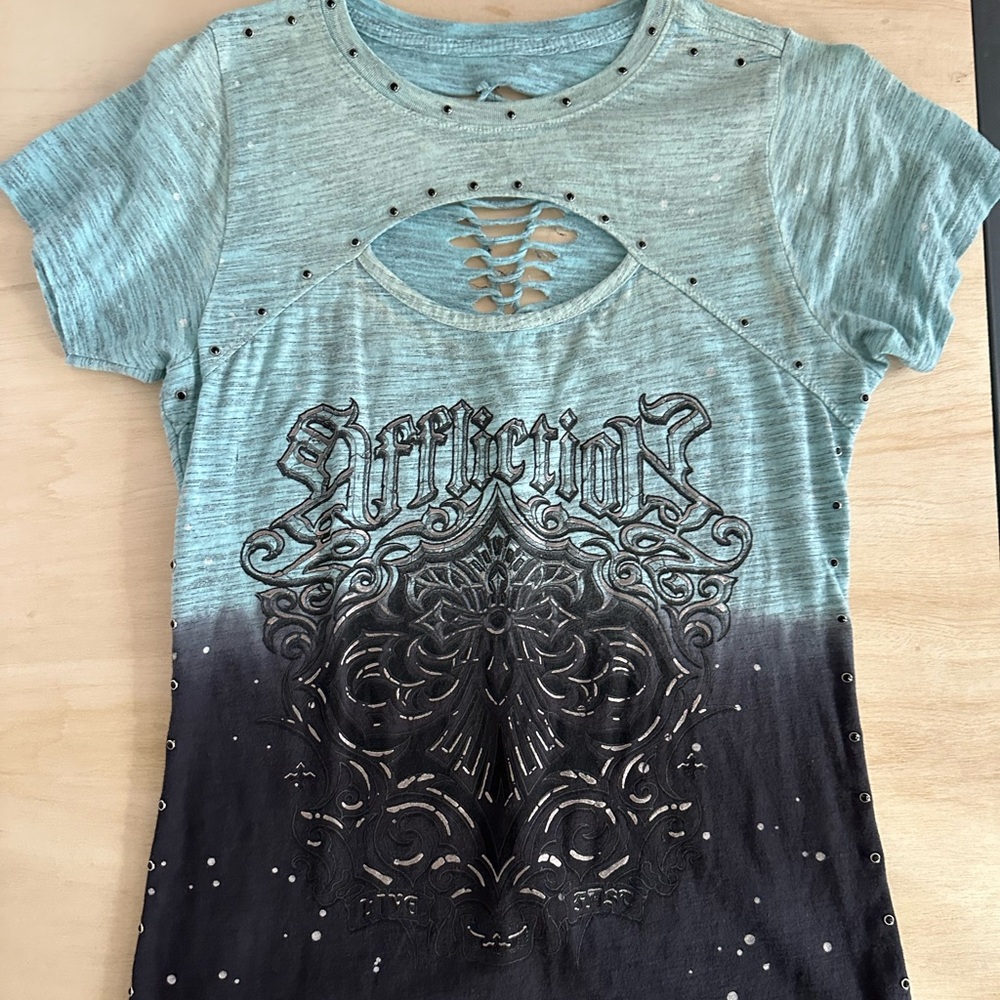 Affliction Teal and Black Short Sleeve Top